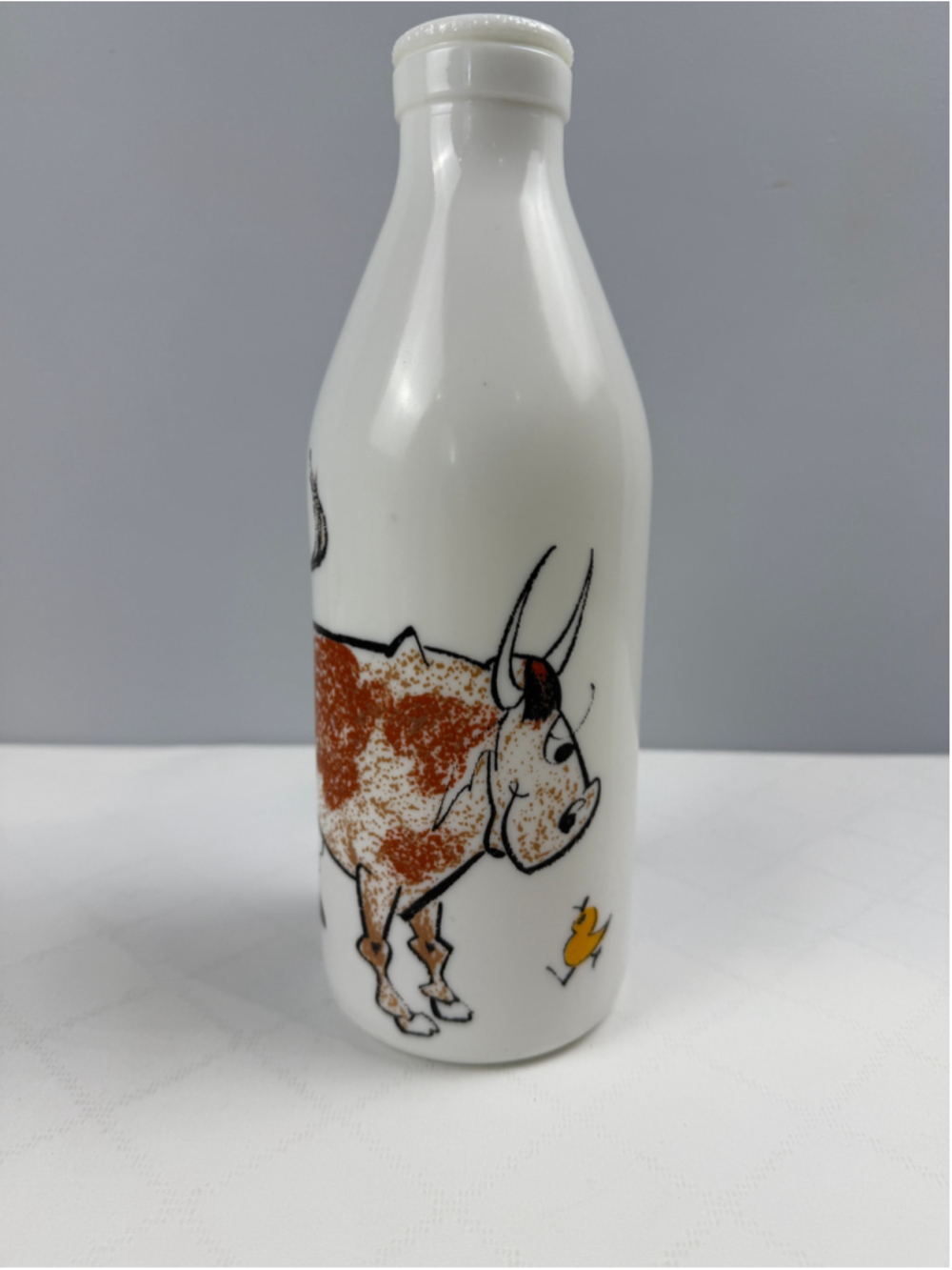 Vintage 70s Egizia Glass Milk Bottle Cartoon Cow Bull and Chick Design Italy